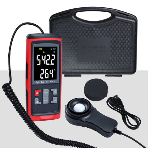 Lux Meter Logger With Split Sensor For iPhone And PC, App Controlled Readings For Plant Growth, Accurate Ambient Light Measurements, Easy Reading Capture And In-Depth Light Data, red handheld meter with probe and case