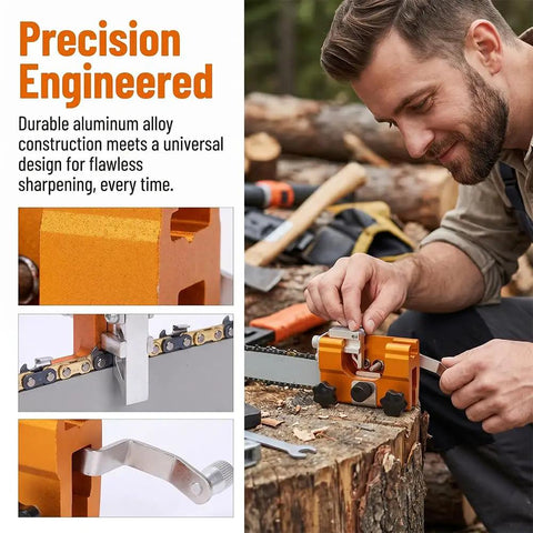 Man using Portable Chainsaw Sharpener Jig Kit With Hand Crank For Gas And Electric Saws Fast And Accurate Sharpening Tool