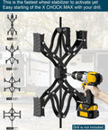 X Shape Wheel Chocks Stabilizer XL for travel trailers, campers, and trucks with drill adjustment, shown installed on tire.