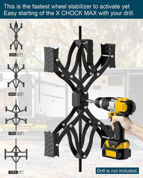 X Shape Wheel Chocks Stabilizer XL for travel trailers, campers, and trucks with drill adjustment, shown installed on tire.