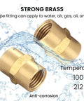 Beefy Brass 1/4 Inch NPT Female To 1/4 Inch NPT Female Hex Head Pipe Fitting Coupler with water effect and temperature details.