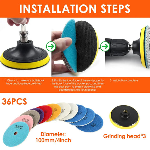 Pro Grade 36 Piece Diamond Polishing Pads Kit For Wet Use 4 Inch Grit Range 50 To 6000 installation steps for sandpaper