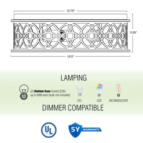 Dimensions and lamp base details for Rustic Farmhouse 3 Light Flush Mount Ceiling Light With Metal Cage Drum Shade.