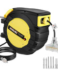 65 Ft Retractable Extension Cord Reel With 3 Grounded Outlets, Lighted Triple Tap, Heavy Duty 14 AWG SJTOW Cable, 13 Amp Breaker, showing retractable reel with mounting hardware