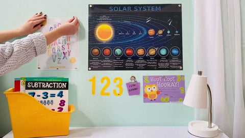 Room wall with educational posters held by Magnetic Paint And Primer For Any Surface High Yield Black 8 oz, showcasing use in kid rooms.
