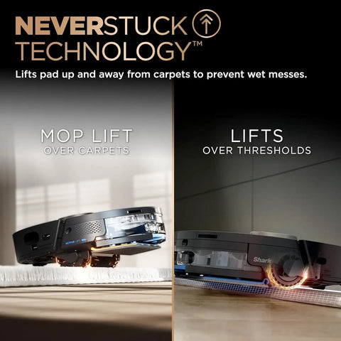 Robot Vacuum And Mop Combo With PowerDetect NeverTouch Pro featuring mop lift over carpets and threshold lifting in action