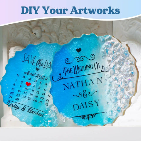 Custom resin coasters made with Coaster Making Kit With Epoxy Resin 16oz Molds Mica Powder Gold Flakes Mixing Cups Gloves And More