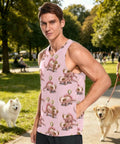 Mens Pink Sleeveless Tank Top With Concealed Pocket And Bold Mechanical Lizard Clock Graphics And Moisture Wicking Mesh Athletic Tee in park.