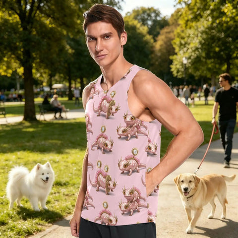 Mens Pink Sleeveless Tank Top With Concealed Pocket And Bold Mechanical Lizard Clock Graphics And Moisture Wicking Mesh Athletic Tee in park.