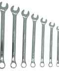 Seven Piece SAE Wrench Set with Open End Grooves for Corner Protection and Super Torque Box Opening Includes 3/8, 7/16, 1/2, 9/16, 5/8, 11/16 and 3/4 Inch Wrenches displayed on white background.