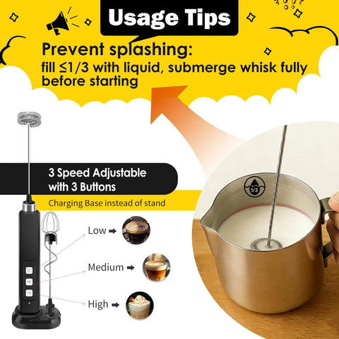 Rechargeable Milk Frother Handheld With 3 Detachable Stainless Whisks 3 Speed Adjustable Drink Mixer for Coffee