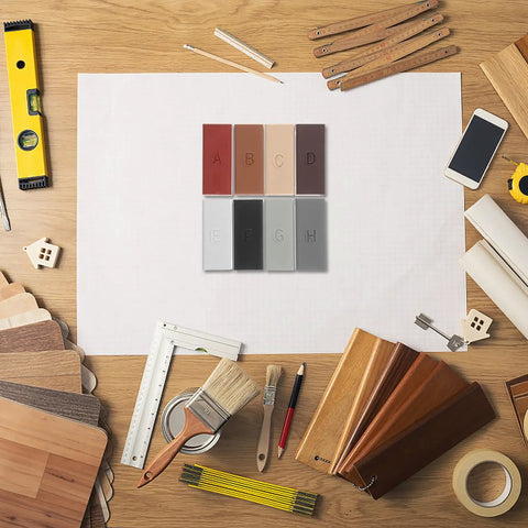 Tile Repair Wax Kit Color Flooring Filler For Porcelain Laminate Hardwood shown with wax blocks, tools, and flooring samples on table.