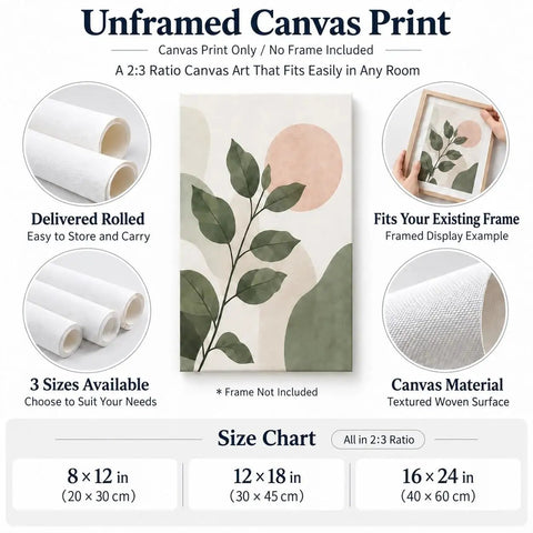 Unframed Canvas Print featuring leaves and a sun, 2:3 ratio, available in multiple sizes for home decor.