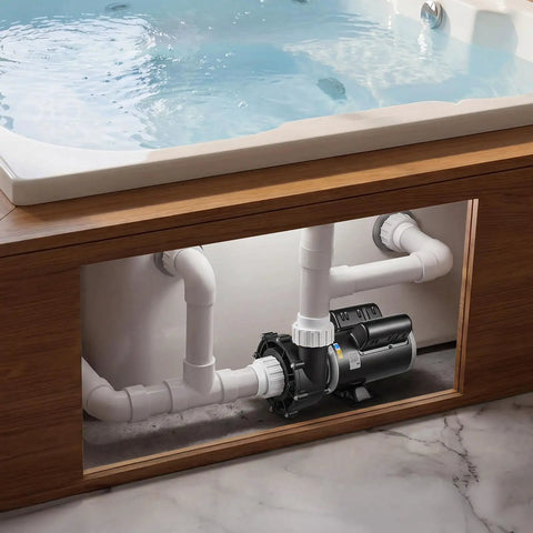 Workhorse 3Hp TwoSpeed Hot Tub Pump For Spas With Smooth 48Frame Build And Dual 1Point5 And 2Inch Ports At 230V installed under a hot tub, showing plumbing connections.