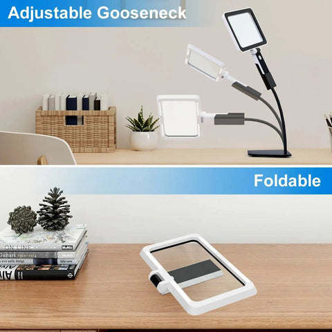 5X Full Page Magnifier With Light And Stand showing adjustable gooseneck and foldable design for reading or crafting on desk