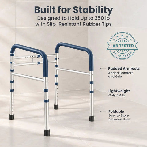 Heavy Duty Adjustable Toilet Safety Bars Featuring Tough As Nails 350 Pound Weight Capacity And No Fuss Assembly NonSkid Pads For Seniors, featuring padded armrests and slip-resistant rubber tips.