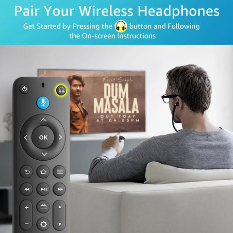 Man pairing wireless headphones with Voice Remote Replacement For Fire Stick And Fire TV Smart TVs 4K Max 4K And Cube Generations.