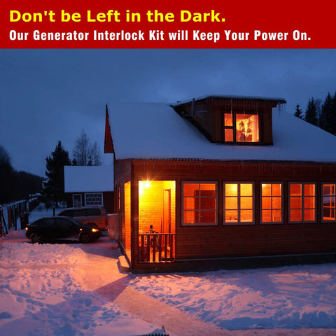 Snowy house at night with lights on, illustrating Generator Interlock Kit For Square D Homeline Meter Main 150/200 Amp Breaker use