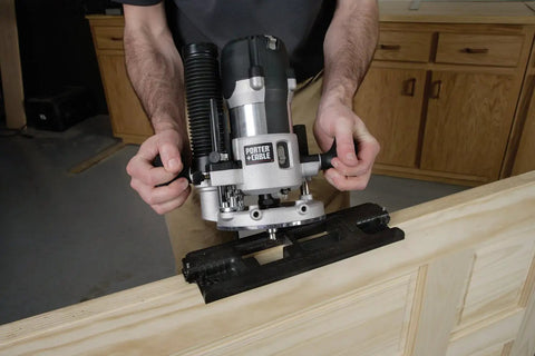 Heavy Duty Door Strike And Latch Router Template Fits Quarter Inch Collets, Precision jig being used for door frame routing.