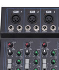 Close-up of 7 Channel Bluetooth Portable DJ Mixer With USB Recording MP3 Input XLR Phantom Power 48V Multi Channel Sound Mixer Board