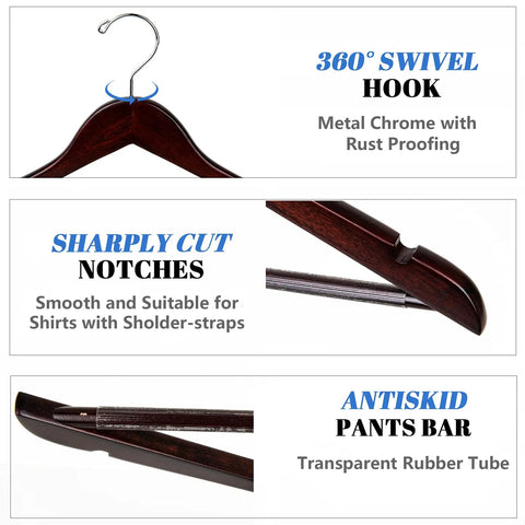 Solid Wood Hangers 20 Pack With Smooth Walnut Finish Non Slip Pant Bar 360 Degree Swivel Hook Notches For Jacket Shirt And Pants
