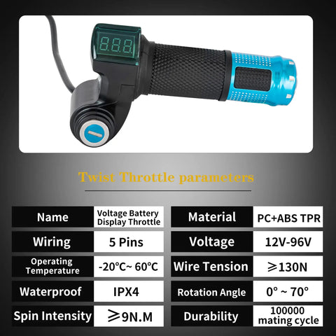 Electric Twist Throttle With Key 12V To 96V Universal Five Wire Controller With Volt Meter Display For Electric Bikes Scooters Go Karts And More And Compatible Across 12V 24V 36V 48V 60V 72V And 96V Systems. Black and blue twist grip with volt meter and key lock