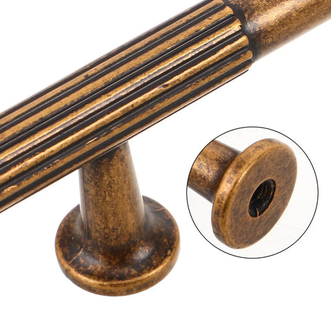 Close-up of Retro Style Cabinet Handles, 2 Pack Zinc Alloy Pulls in Antique Bronze Finish, showcasing ribbed texture and mounting base.