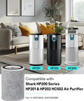 Living room with three Shark HP200 Series purifiers HP201 HP202 HC502 and replacement filter part HE2FKBAS MB 2 pack.