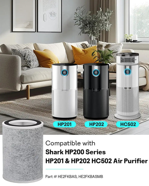 Living room with three Shark HP200 Series purifiers HP201 HP202 HC502 and replacement filter part HE2FKBAS MB 2 pack.