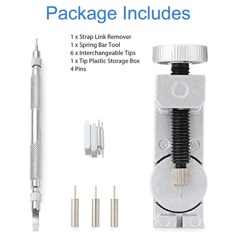 6-Piece Watch Band Link Remover Tool Kit with spring bar tool, replacement pins, interchangeable tips, storage box