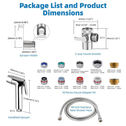Package image of Sink Faucet Hose Sprayer Attachment With 10 Adapters, showing dimensions and components, including a 90-inch hose.