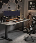 Roomy L Shaped Desk With Smooth Electric Dual Motor Lift Adjustable Height Workstation in modern office setup with dual monitors.