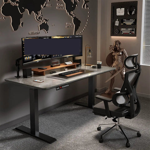 Roomy L Shaped Desk With Smooth Electric Dual Motor Lift Adjustable Height Workstation in modern office setup with dual monitors.