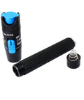 Angled view of SinLoon visual fault locator with blue-cap and knurled black fiber tester tube, end-cap with spring