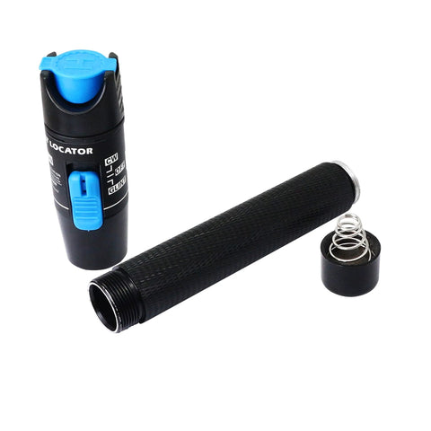 Angled view of SinLoon visual fault locator with blue-cap and knurled black fiber tester tube, end-cap with spring