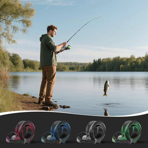Person fishing by lake with Fishing Rod Sleeve 4 Pack For Poles Rod Socks And Covers Durable Protector Sleeves in foreground