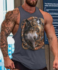 Mens Viking Wolf Graphic Tank Top Featuring A Relaxed Sleeveless Muscle Tee Cut Loose Streetwear Fit For Epic Gym Workouts And Chill Summer Hangouts modeled by a muscular man, featuring wolf graphic.