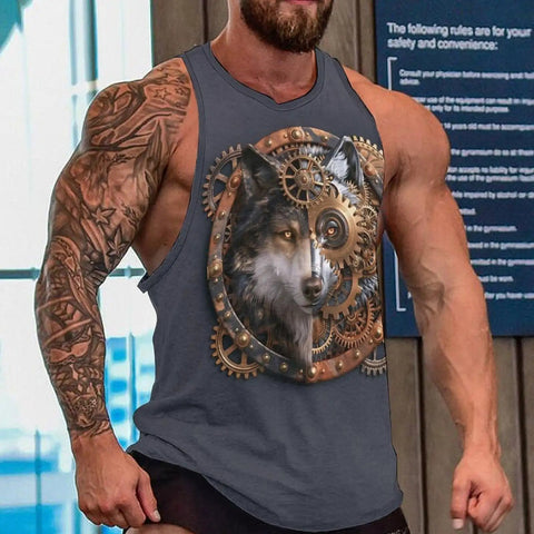 Mens Viking Wolf Graphic Tank Top Featuring A Relaxed Sleeveless Muscle Tee Cut Loose Streetwear Fit For Epic Gym Workouts And Chill Summer Hangouts modeled by a muscular man, featuring wolf graphic.