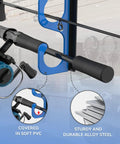 Close-up of Five Rod Holder Wall And Ceiling Rack showing blue hooks holding fishing rods, alloy steel material.