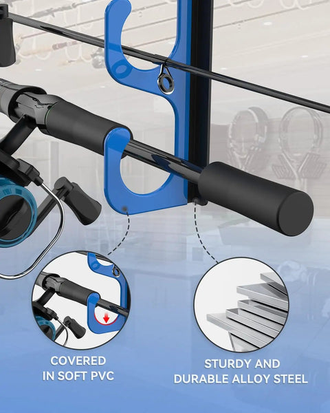 Close-up of Five Rod Holder Wall And Ceiling Rack showing blue hooks holding fishing rods, alloy steel material.