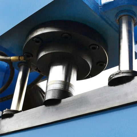 Close-up view of the two stage cylinder on Electric 150 Ton Hydraulic Press Brake Bender Machine with 38 Inch Bend Length.