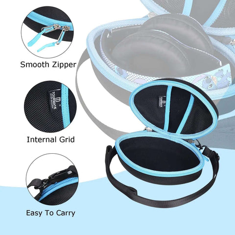 Rugged EVA Hard Shell Travel Case for Wireless Foldable Headphones with internal grid and smooth zipper in blue and black.