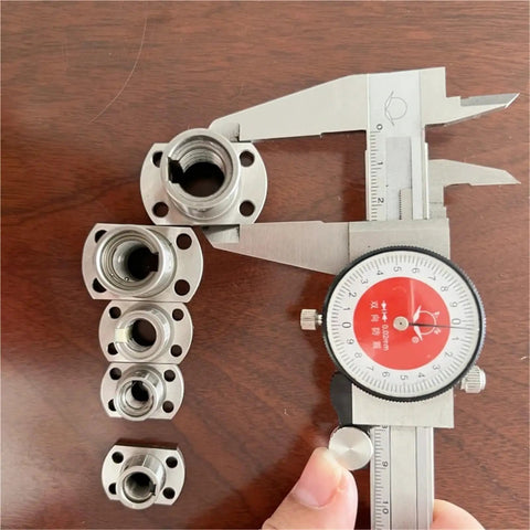 Miniature Ball Screw SFK0802 With Ball Nut For 3D Printer, shown with caliper measuring flange nuts, 5-piece set