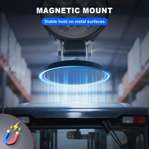 Top Tier Led Forklift Safety Blue Spot Light With Durable Magnetic Mount And Bracket For High Voltage Up To 80V Waterproof Ip68 Alarm Beam For Agv Tugger Amr And Warehouse Fleet Protection mounted magnetically on vehicle rooftop.