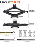 Image showing 2 Ton Scissor Car Jack And Tire Change Kit With Lug Wrench For Cars, SUVs, And MPVs, featuring dimensions and tools.