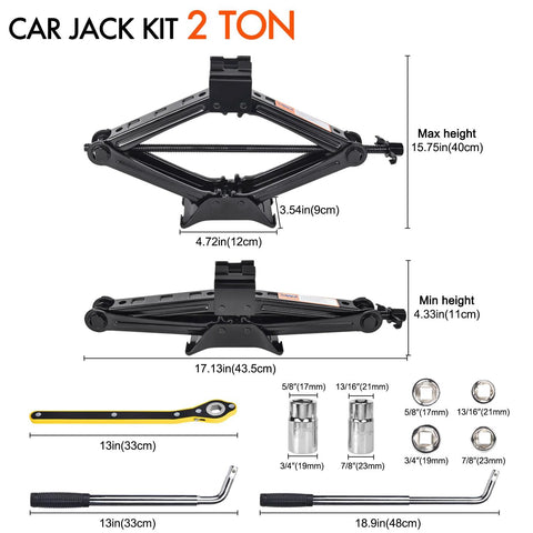 Image showing 2 Ton Scissor Car Jack And Tire Change Kit With Lug Wrench For Cars, SUVs, And MPVs, featuring dimensions and tools.
