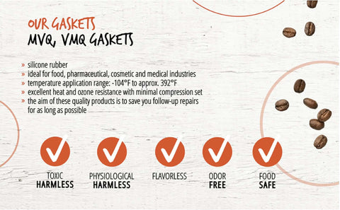 Information on MVQ, VMQ gaskets, silicone rubber, temperature range -104°F to 392°F, harmless, odor-free, food safe qualities listed.