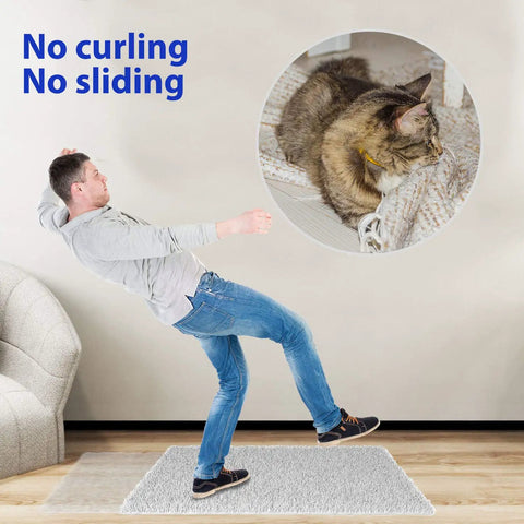 Man slipping on rug with cat resting, illustrating 16 Piece Rug Tape Kit Dual Sided Washable Removable Non Slip Adhesive Rug Stopper.