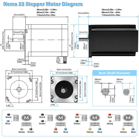 Technical diagram of Nema 23 stepper motor from All-In-One 3 Axis Nema 23 Stepper Motor Kit With 1.2Nm Torque for CNC printers.