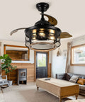 36 Inch Farmhouse Ceiling Fan With Lights, Dope Retractable Cage Blades in a cozy living room setting, black industrial style.